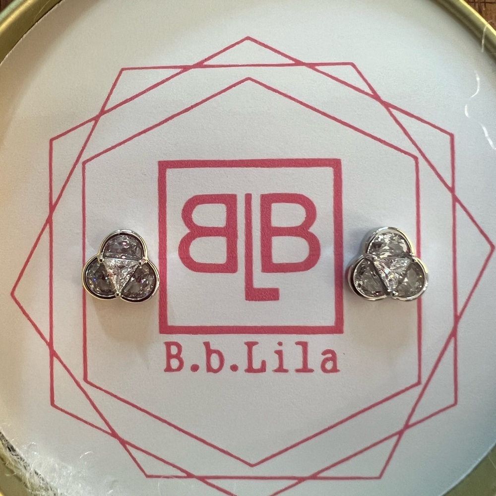 B.B. Lila "Cutest" Silver Stud Earrings with CZ Crystals New in Gift Tin